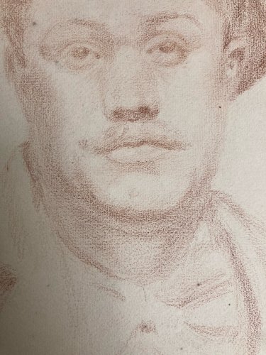 Dessin Crayon Portrait Jeune Homme Buste Ancien Art XIXe Casquette Tête