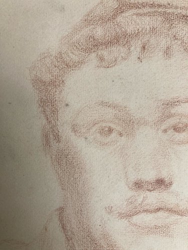 Dessin Crayon Portrait Jeune Homme Buste Ancien Art XIXe Casquette Tête