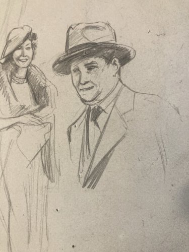 Dessin Crayon Portrait Jeune Homme Chapeau Femme Ancien 1920 Art Artisanale