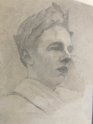 Dessin Crayon Portrait Jeune Homme Couronne Laurier Art XIXe Paul Thomas