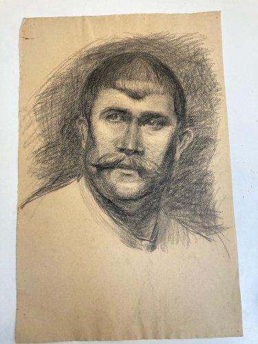 Dessin Crayon Portrait Moustache Homme À Identifier Ancien Art 1850 XIXe