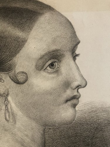 Dessin Crayon Portrait Tête Buste Femme 1857 A Identifier Art Ancien XIXe