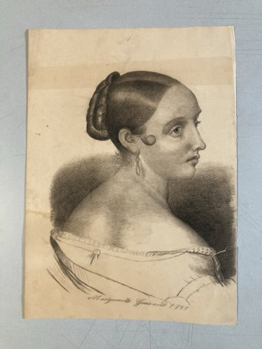 Dessin Crayon Portrait Tête Buste Femme 1857 A Identifier Art Ancien XIXe