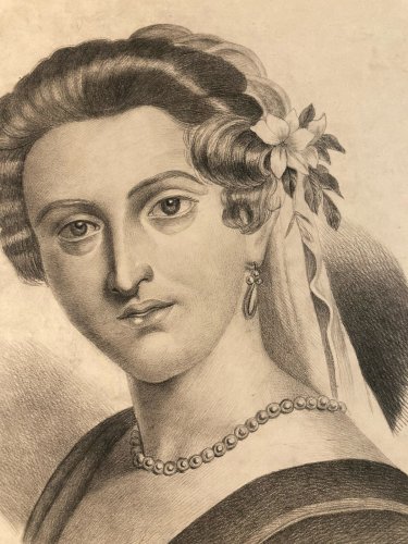 Dessin Crayon Portrait Tête Buste Femme 1868 A Identifier Art Ancien