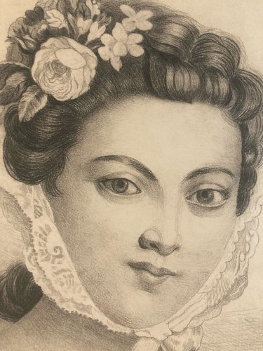 Dessin Crayon Portrait Tête Buste Femme XIXe A Identifier Art Ancien