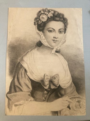 Dessin Crayon Portrait Tête Buste Femme XIXe A Identifier Art Ancien