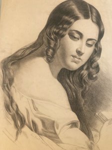 Dessin Crayon Portrait Tête Femme Buste XIXe A Identifier Art Ancien