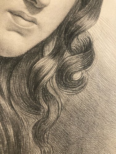 Dessin Crayon Portrait Tête Femme Buste XIXe A Identifier Art Ancien