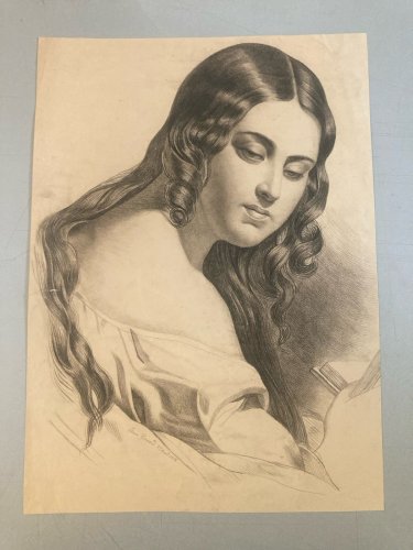 Dessin Crayon Portrait Tête Femme Buste XIXe A Identifier Art Ancien