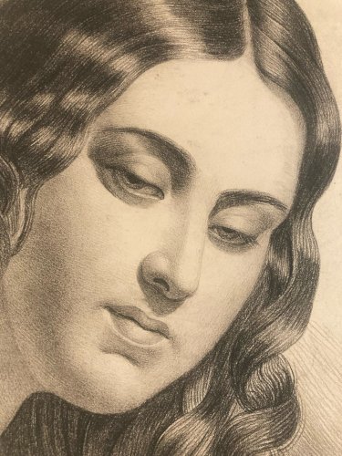 Dessin Crayon Portrait Tête Femme Buste XIXe A Identifier Art Ancien