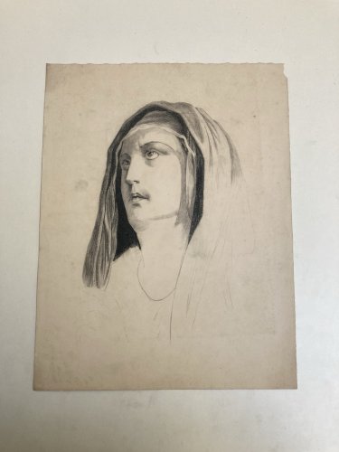Dessin Crayon XIXe Vierge Portrait Religion Catholique Art Ancien Marié