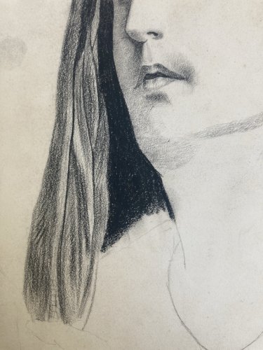 Dessin Crayon XIXe Vierge Portrait Religion Catholique Art Ancien Marié