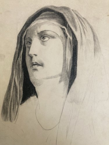 Dessin Crayon XIXe Vierge Portrait Religion Catholique Art Ancien Marié