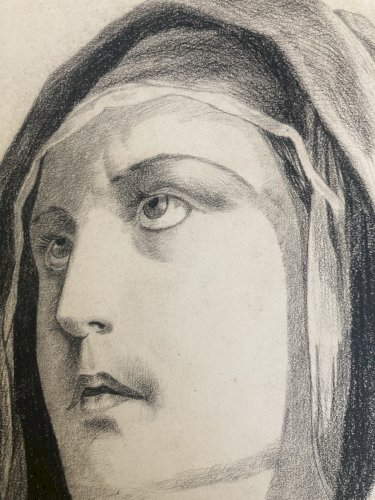 Dessin Crayon XIXe Vierge Portrait Religion Catholique Art Ancien Marié