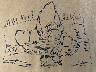 Dessin Cubisme 1960 Corbeille Fruit Signé JM Cubiste Encre A Identifier