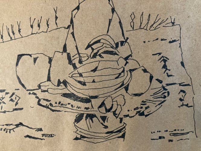 Dessin Cubisme 1960 Corbeille Fruit Signé JM Cubiste Encre A Identifier