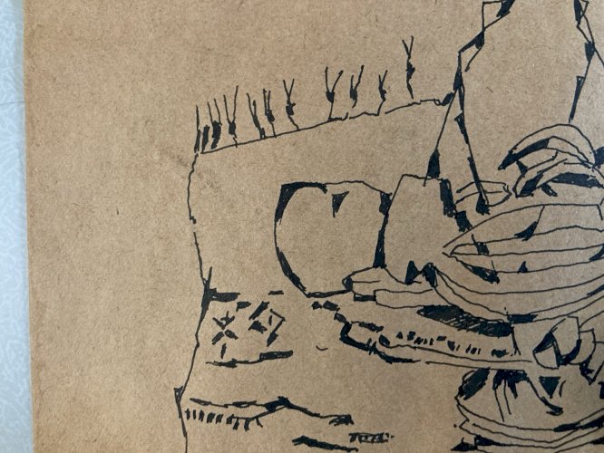 Dessin Cubisme 1960 Corbeille Fruit Signé JM Cubiste Encre A Identifier