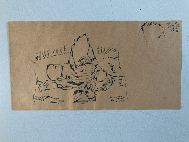 Dessin Cubisme 1960 Corbeille Fruit Signé JM Cubiste Encre A Identifier