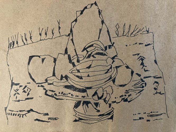 Dessin Cubisme 1960 Corbeille Fruit Signé JM Cubiste Encre A Identifier