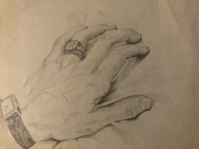 Dessin Curiosa anatomie main crayon Montre 1950 Curiosité Corps Art Ancien