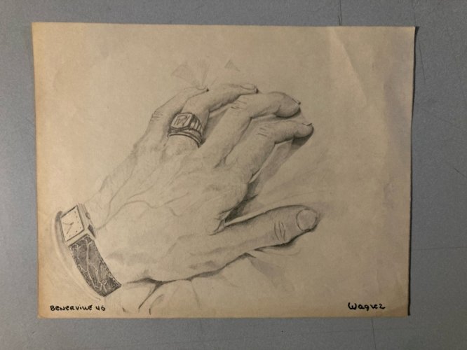 Dessin Curiosa anatomie main crayon Montre 1950 Curiosité Corps Art Ancien