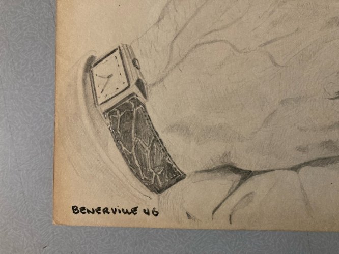 Dessin Curiosa anatomie main crayon Montre 1950 Curiosité Corps Art Ancien