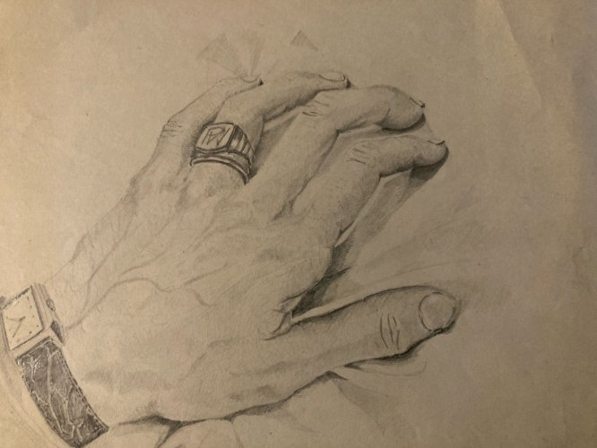 Dessin Curiosa anatomie main crayon Montre 1950 Curiosité Corps Art Ancien