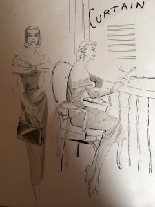 Dessin De Mode Femme Lavis Encre  Signature À Identifier Sac Vêtements