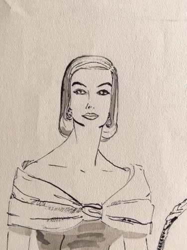 Dessin De Mode Femme Lavis Encre  Signature À Identifier Sac Vêtements