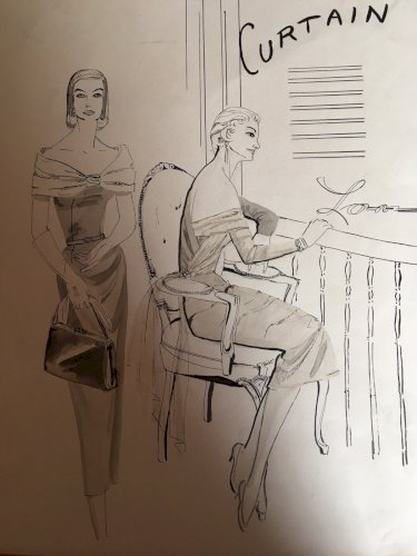 Dessin De Mode Femme Lavis Encre  Signature À Identifier Sac Vêtements