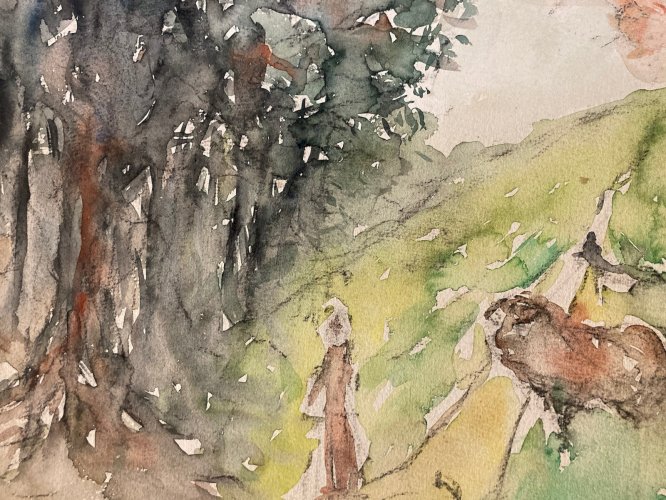 Dessin Dominic Avetrani Aquarelle Sur Papier Vache Taureau Route Forêt 1950