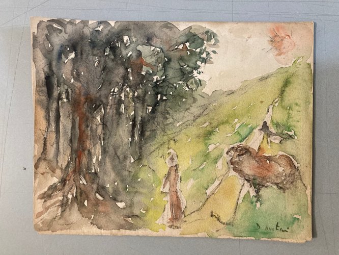 Dessin Dominic Avetrani Aquarelle Sur Papier Vache Taureau Route Forêt 1950