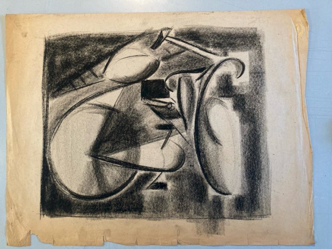 Dessin Drawing Fusain Peintre Art 1950 Vélo Futurisme Constructivisme Cubisme
