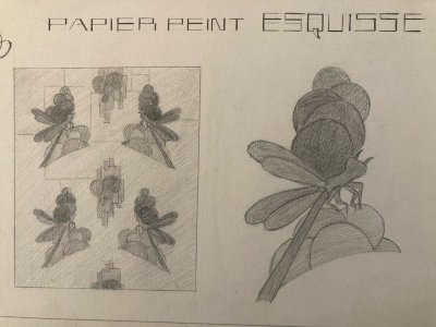 Drawing Original Art Deco Nouveau Pencil 1930 Flower Plant Dragonfly 20th