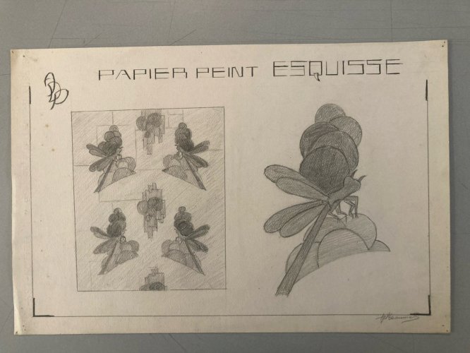 Dessin Drawing Original Art Deco Nouveau Crayon 1930 Fleur Plante Libellule XXe