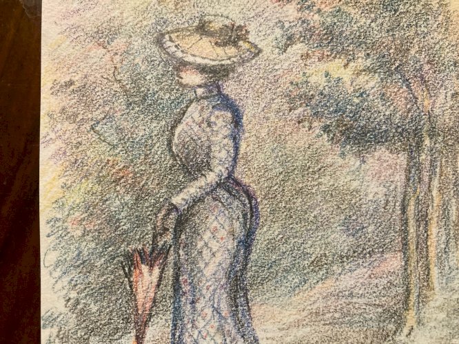 Dessin Drawing Portrait Femme XIXe 1850 Classique Paysage Original Art Old Arbre