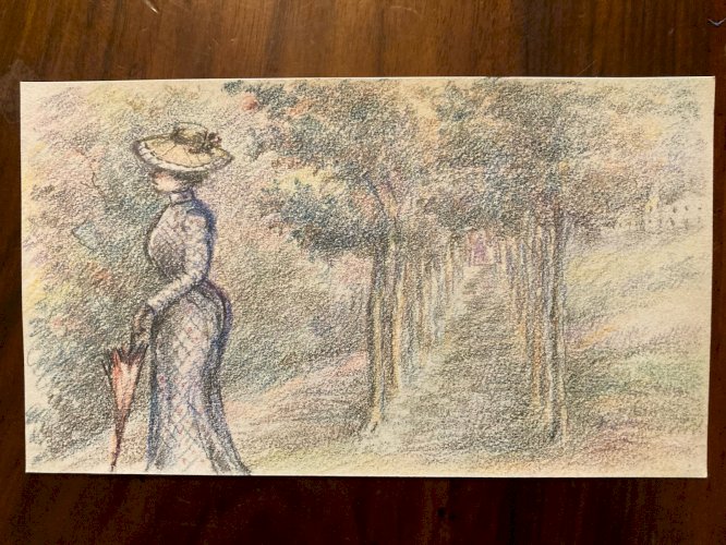 Dessin Drawing Portrait Femme XIXe 1850 Classique Paysage Original Art Old Arbre