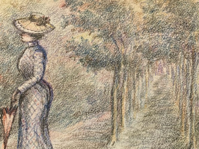 Dessin Drawing Portrait Femme XIXe 1850 Classique Paysage Original Art Old Arbre