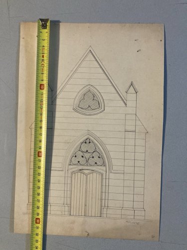 Dessin Église XIXe Encre Architecture Paysage Art Ancien Plan Bâtiment Drawing