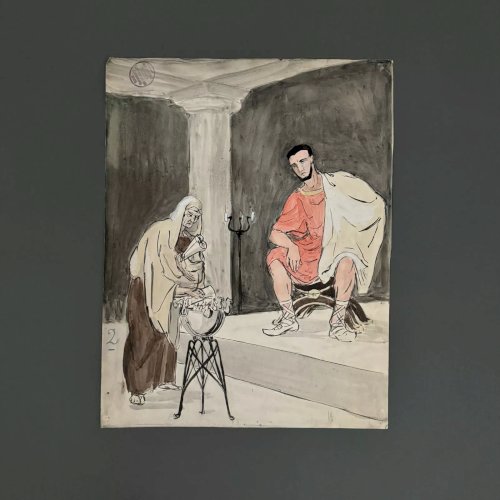 Dessin en couleur par Berger-Lheureux Beaux-Arts XXe scène à l'Antique A5456
