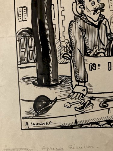 Dessin Encre 1920 Maurice SAUVAYRE Après Le Réveillon Saint-Sylvestre Fête Art