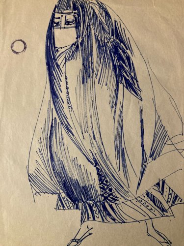 Dessin Encre 1930 portrait femme voile orientaliste orientalisme Maroc Art