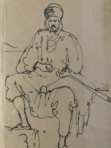 Dessin Encre 1930 portrait Homme Fusil orientaliste orientalisme Algérie Alger