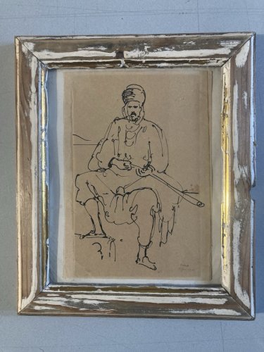 Dessin Encre 1930 portrait Homme Fusil orientaliste orientalisme Algérie Alger