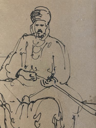 Dessin Encre 1930 portrait Homme Fusil orientaliste orientalisme Algérie Alger