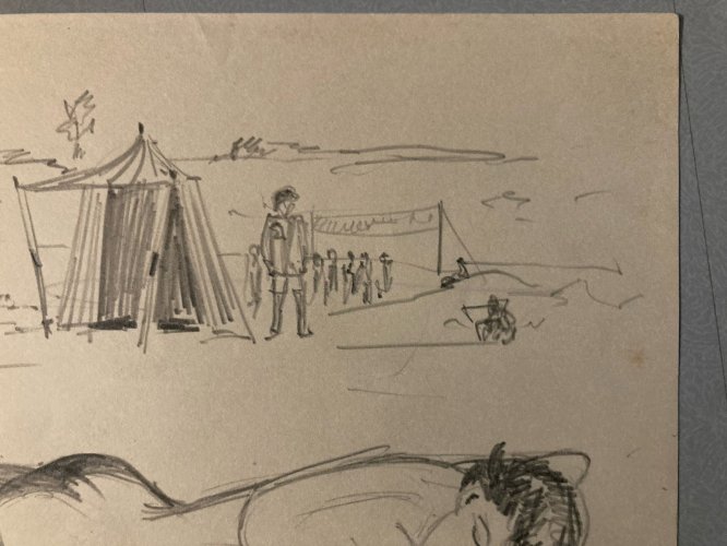 Dessin Encre 1943 Plage Mer Papier Personnage Grotesque A Identifier