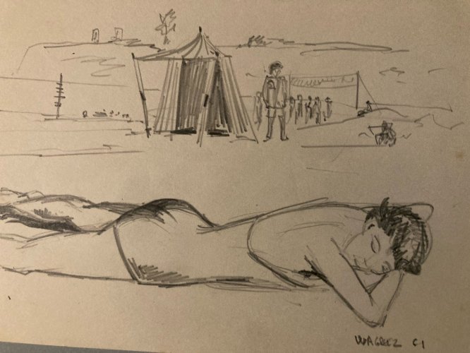 Dessin Encre 1943 Plage Mer Papier Personnage Grotesque A Identifier