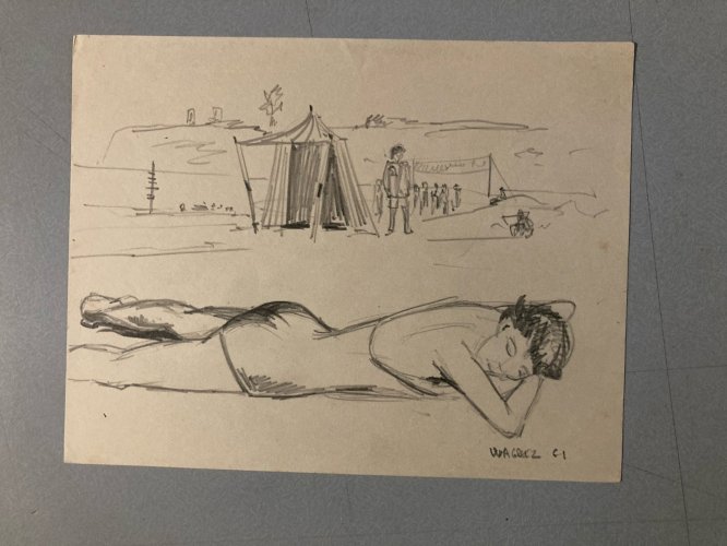 Dessin Encre 1943 Plage Mer Papier Personnage Grotesque A Identifier