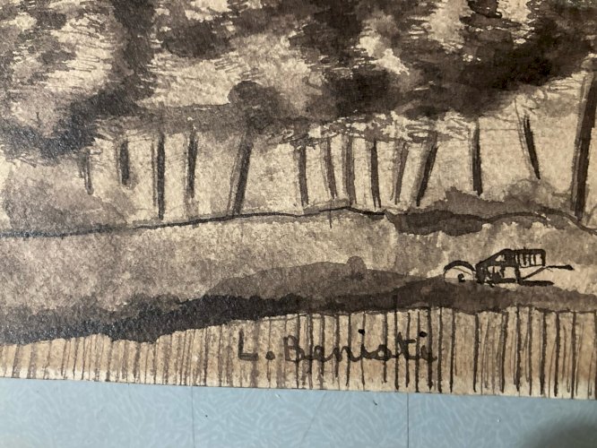 Dessin encre 1950 Louis Bénisti Algérie? À Localiser Art Peinture Champs