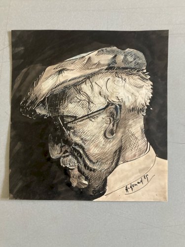 Dessin Encre 1959 Portrait Tête De Homme Barbe À Identifier Ancien Art